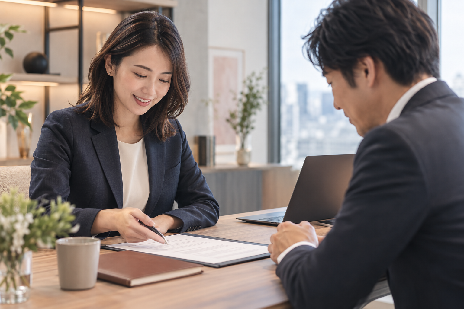 契約内容を確認し安心して相談する企業担当者と人材紹介担当者