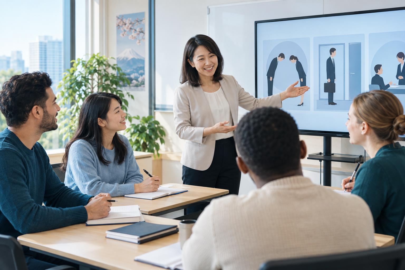 外国人材へ日本語と仕事のマナーを教える研修の様子
